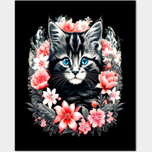 Black and Grey Kitten Surrounded by Spring Flowers Posters and Art