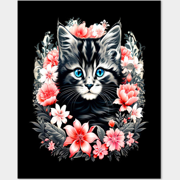 Black and Grey Kitten Surrounded by Spring Flowers Wall Art by BirdsnStuff