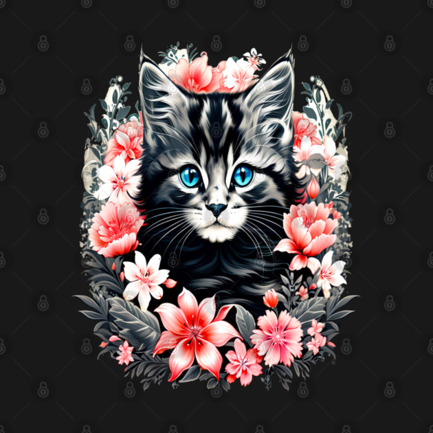 Black and Grey Kitten Surrounded by Spring Flowers by BirdsnStuff