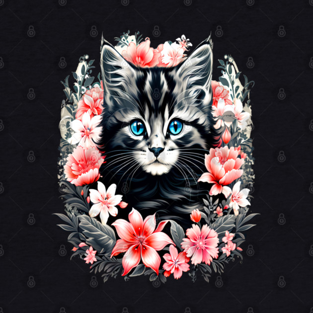 Black and Grey Kitten Surrounded by Spring Flowers by BirdsnStuff