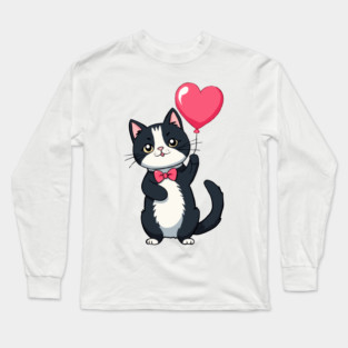 Tuxedo cat with a heart balloon Long Sleeve T-Shirt