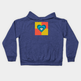 LOVE HEARTS CHECKERBOARD Retro Alt Valentines in Teal Blue Cream on Orange Yellow Geometric Grid - UnBlink Studio by Jackie Tahara Kids Hoodie