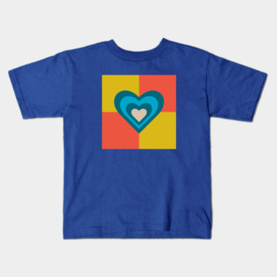 LOVE HEARTS CHECKERBOARD Retro Alt Valentines in Teal Blue Cream on Orange Yellow Geometric Grid - UnBlink Studio by Jackie Tahara Kids T-Shirt