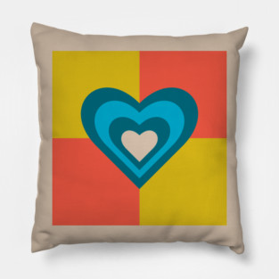 LOVE HEARTS CHECKERBOARD Retro Alt Valentines in Teal Blue Cream on Orange Yellow Geometric Grid - UnBlink Studio by Jackie Tahara Pillow