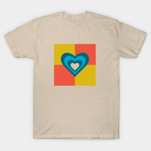 LOVE HEARTS CHECKERBOARD Retro Alt Valentines in Teal Blue Cream on Orange Yellow Geometric Grid - UnBlink Studio by Jackie Tahara T-Shirt