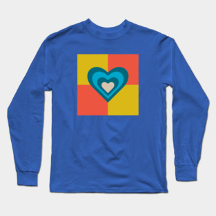LOVE HEARTS CHECKERBOARD Retro Alt Valentines in Teal Blue Cream on Orange Yellow Geometric Grid - UnBlink Studio by Jackie Tahara Long Sleeve T-Shirt