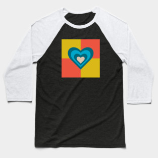 LOVE HEARTS CHECKERBOARD Retro Alt Valentines in Teal Blue Cream on Orange Yellow Geometric Grid - UnBlink Studio by Jackie Tahara Baseball T-Shirt