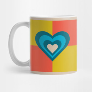 LOVE HEARTS CHECKERBOARD Retro Alt Valentines in Teal Blue Cream on Orange Yellow Geometric Grid - UnBlink Studio by Jackie Tahara Mug