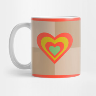 LOVE HEARTS CHECKERBOARD Retro Alt Valentines in Coral Yellow Green on Cream Beige Geometric Grid - UnBlink Studio by Jackie Tahara Mug