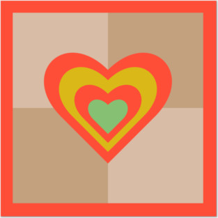 LOVE HEARTS CHECKERBOARD Retro Alt Valentines in Coral Yellow Green on Cream Beige Geometric Grid - UnBlink Studio by Jackie Tahara Posters and Art