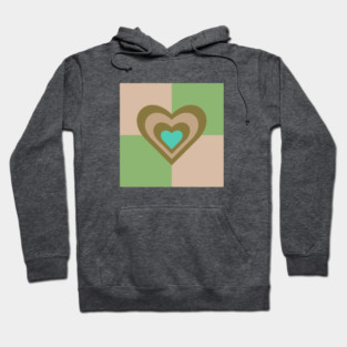 LOVE HEARTS CHECKERBOARD Retro Alt Valentines in Olive Sand Turquoise on Cream Green Geometric Grid - UnBlink Studio by Jackie Tahara Hoodie
