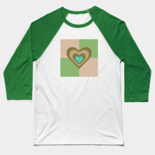 LOVE HEARTS CHECKERBOARD Retro Alt Valentines in Olive Sand Turquoise on Cream Green Geometric Grid - UnBlink Studio by Jackie Tahara Baseball T-Shirt
