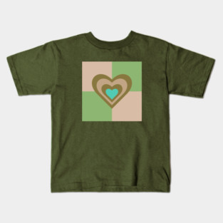 LOVE HEARTS CHECKERBOARD Retro Alt Valentines in Olive Sand Turquoise on Cream Green Geometric Grid - UnBlink Studio by Jackie Tahara Kids T-Shirt