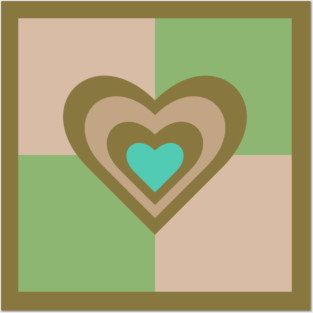 LOVE HEARTS CHECKERBOARD Retro Alt Valentines in Olive Sand Turquoise on Cream Green Geometric Grid - UnBlink Studio by Jackie Tahara Posters and Art