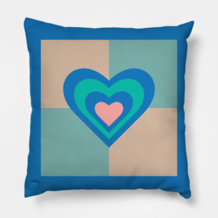 LOVE HEARTS CHECKERBOARD Retro Alt Valentines in Royal Blue Turquoise Pink on Beige Aqua Geometric Grid - UnBlink Studio by Jackie Tahara Pillow