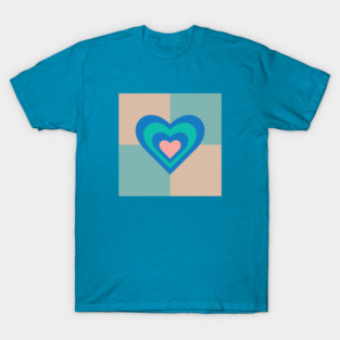 LOVE HEARTS CHECKERBOARD Retro Alt Valentines in Royal Blue Turquoise Pink on Beige Aqua Geometric Grid - UnBlink Studio by Jackie Tahara T-Shirt