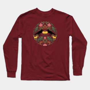 Summer’s End Black Crow And Wild Rose Folk Art Collage Long Sleeve T-Shirt