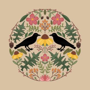 Summer’s End Black Crow And Wild Rose Folk Art Collage T-Shirt