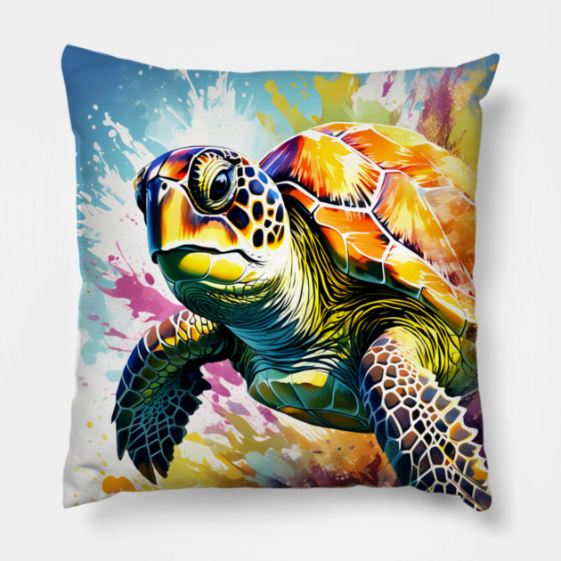 Sea Turtle Surrounded by Splashes of Watercolor Pillow by BirdsnStuff