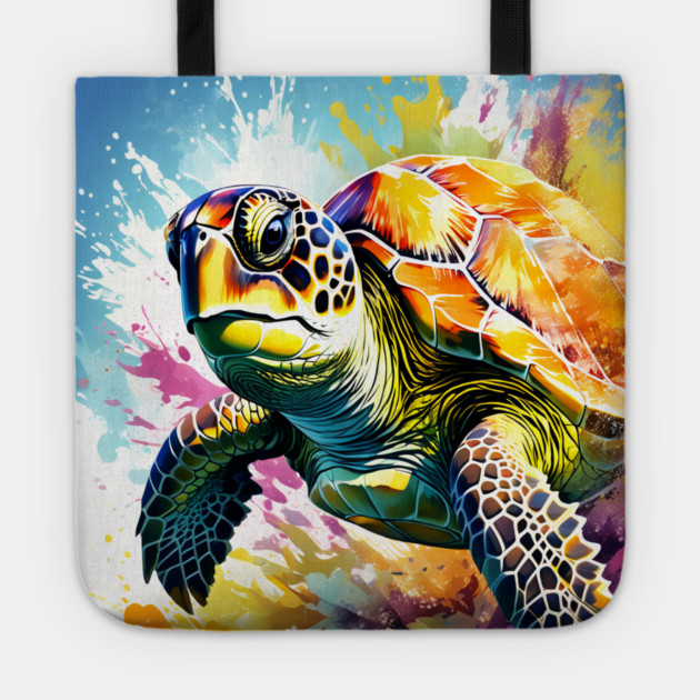 Sea Turtle Surrounded by Splashes of Watercolor Tote by BirdsnStuff