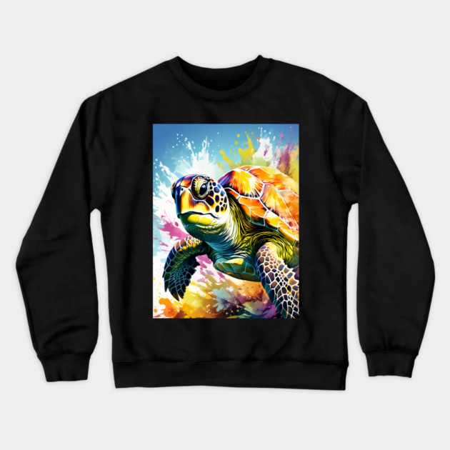 Sea Turtle Surrounded by Splashes of Watercolor Crewneck Sweatshirt by BirdsnStuff