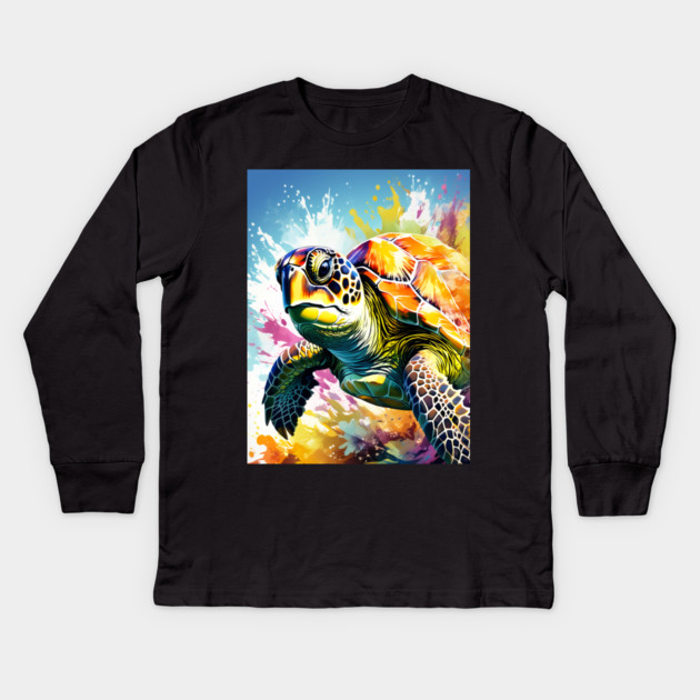 Sea Turtle Surrounded by Splashes of Watercolor Kids Long Sleeve T-Shirt by BirdsnStuff