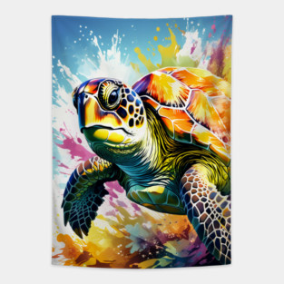 Sea Turtle Surrounded by Splashes of Watercolor Tapestry