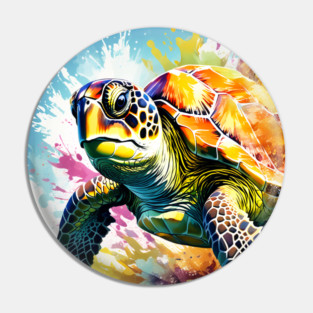 Sea Turtle Surrounded by Splashes of Watercolor Pin