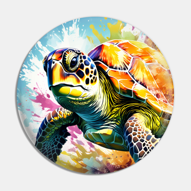Sea Turtle Surrounded by Splashes of Watercolor Pin by BirdsnStuff
