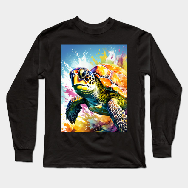 Sea Turtle Surrounded by Splashes of Watercolor Long Sleeve T-Shirt by BirdsnStuff