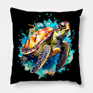 Sea Turtle Surrounded by Splashes of Watercolor Pillow