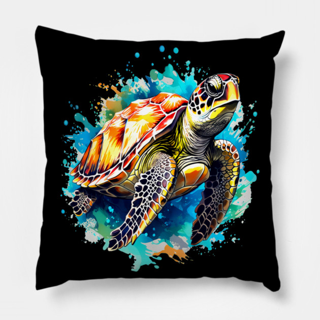 Sea Turtle Surrounded by Splashes of Watercolor Pillow by BirdsnStuff
