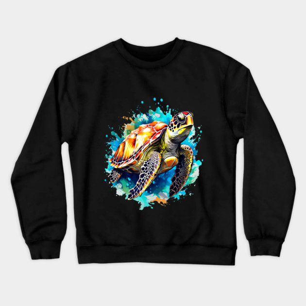 Sea Turtle Surrounded by Splashes of Watercolor Crewneck Sweatshirt by BirdsnStuff