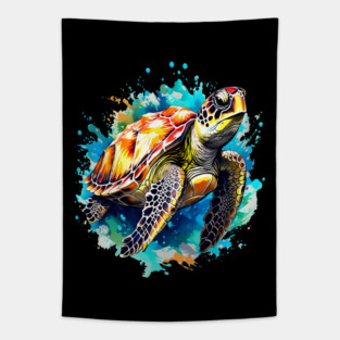 Sea Turtle Surrounded by Splashes of Watercolor Tapestry