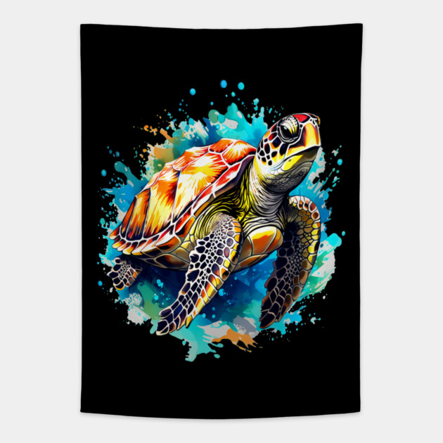 Sea Turtle Surrounded by Splashes of Watercolor Tapestry by BirdsnStuff