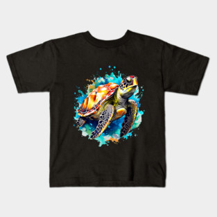 Sea Turtle Surrounded by Splashes of Watercolor Kids T-Shirt