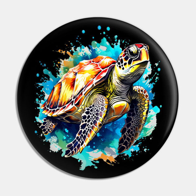 Sea Turtle Surrounded by Splashes of Watercolor Pin by BirdsnStuff