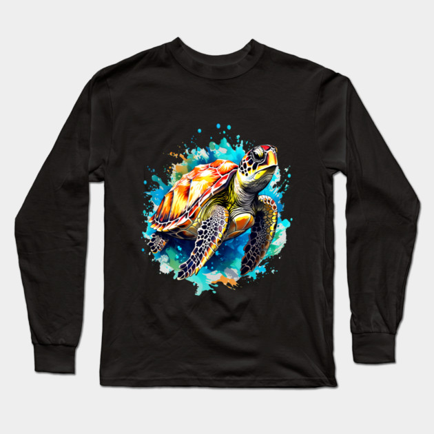 Sea Turtle Surrounded by Splashes of Watercolor Long Sleeve T-Shirt by BirdsnStuff