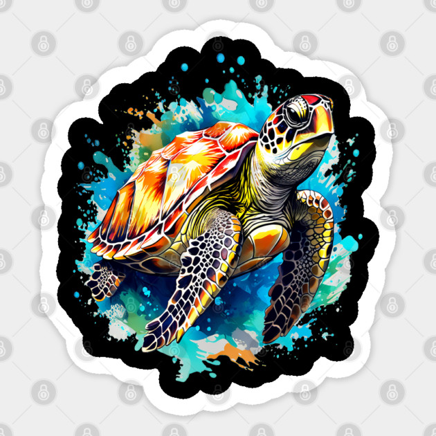 Sea Turtle Surrounded by Splashes of Watercolor Sticker by BirdsnStuff