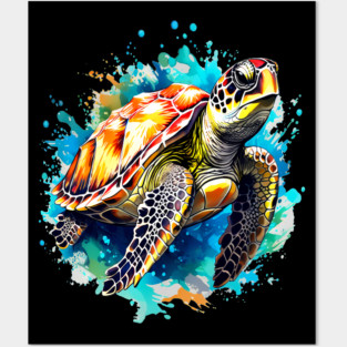 Sea Turtle Surrounded by Splashes of Watercolor Posters and Art