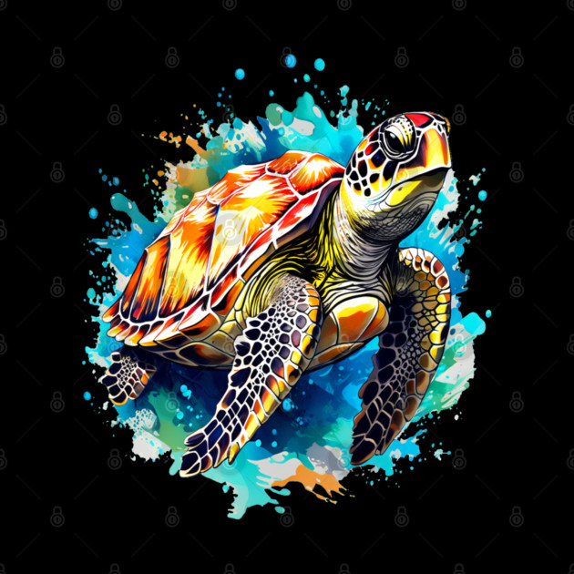 Sea Turtle Surrounded by Splashes of Watercolor by BirdsnStuff