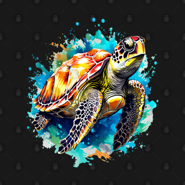 Sea Turtle Surrounded by Splashes of Watercolor by BirdsnStuff