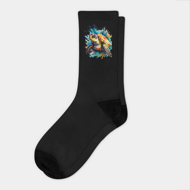 Sea Turtle Surrounded by Splashes of Watercolor Socks by BirdsnStuff