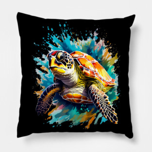 Sea Turtle Surrounded by Splashes of Watercolor Pillow
