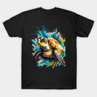 Sea Turtle Surrounded by Splashes of Watercolor T-Shirt