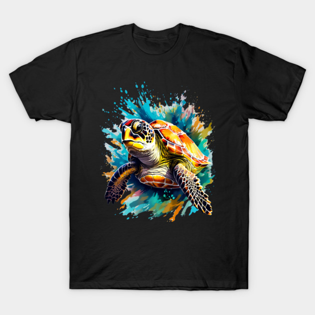 Sea Turtle Surrounded by Splashes of Watercolor T-Shirt by BirdsnStuff