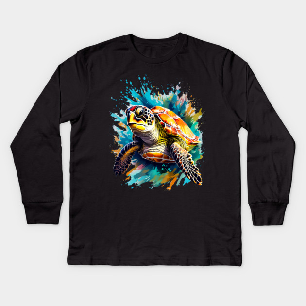 Sea Turtle Surrounded by Splashes of Watercolor Kids Long Sleeve T-Shirt by BirdsnStuff