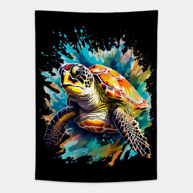 Sea Turtle Surrounded by Splashes of Watercolor Tapestry by BirdsnStuff