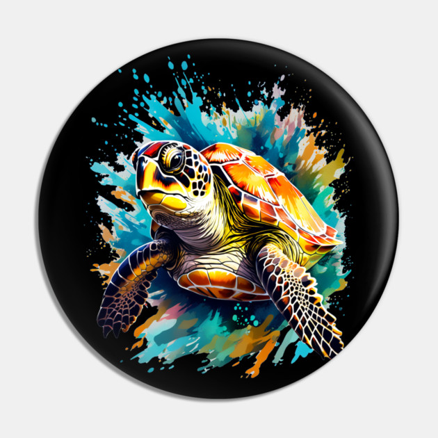 Sea Turtle Surrounded by Splashes of Watercolor Pin by BirdsnStuff