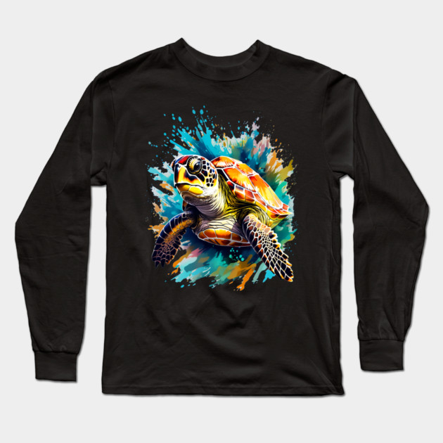 Sea Turtle Surrounded by Splashes of Watercolor Long Sleeve T-Shirt by BirdsnStuff